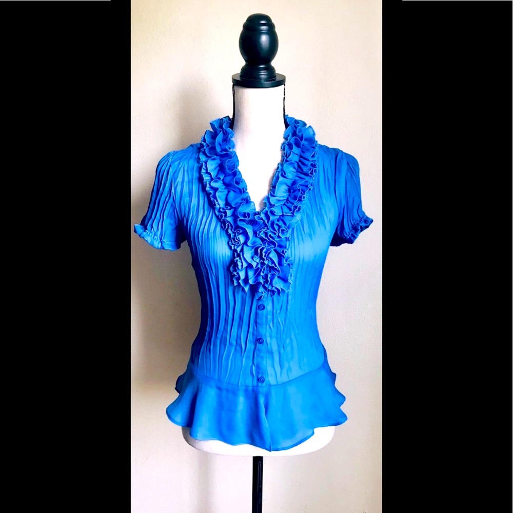 Blue Sheer Short Sleeve Blouse, Ruffles @ Collar,S